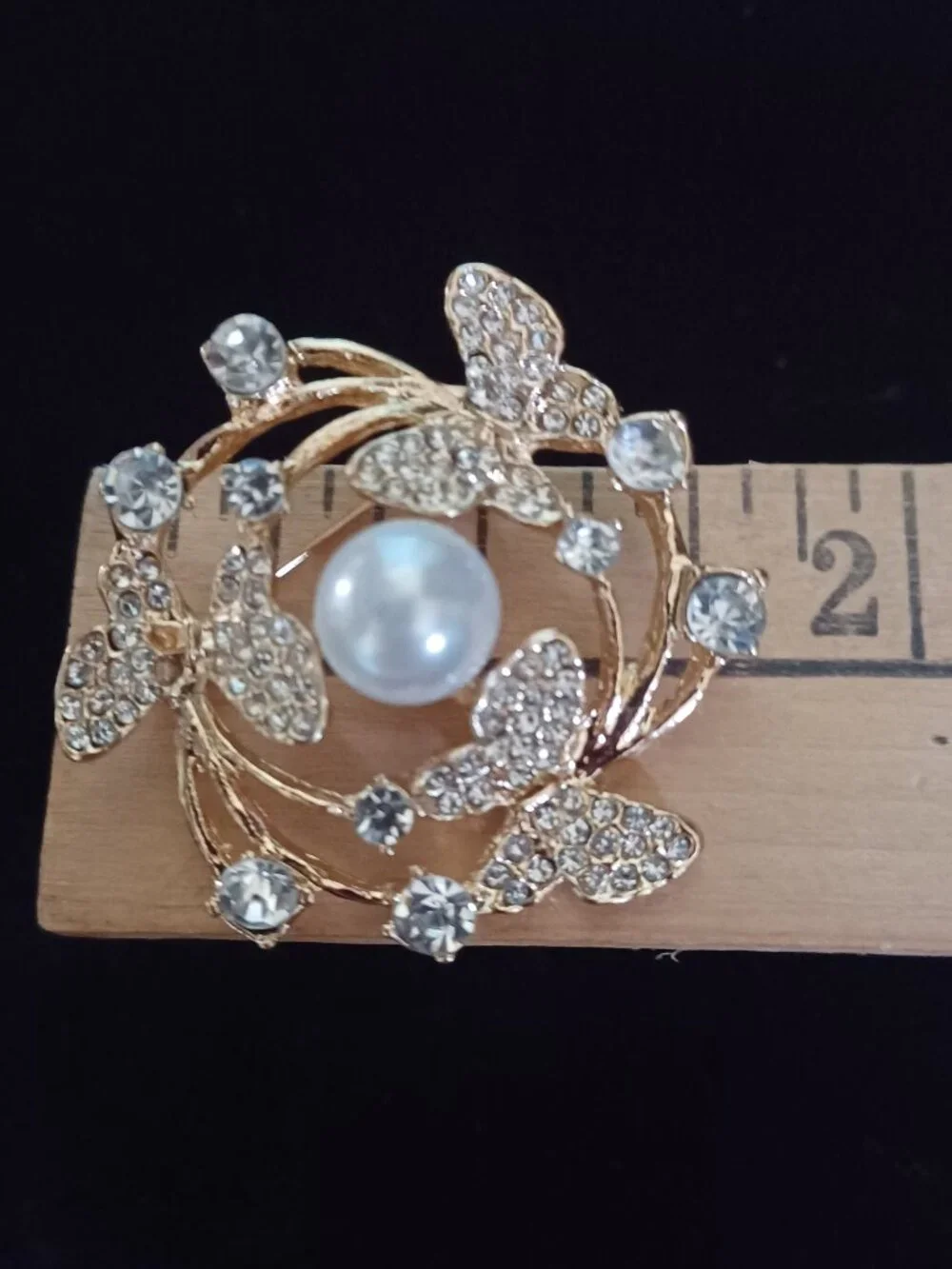 Clear Crystal Butterfly & Pearl Brooch